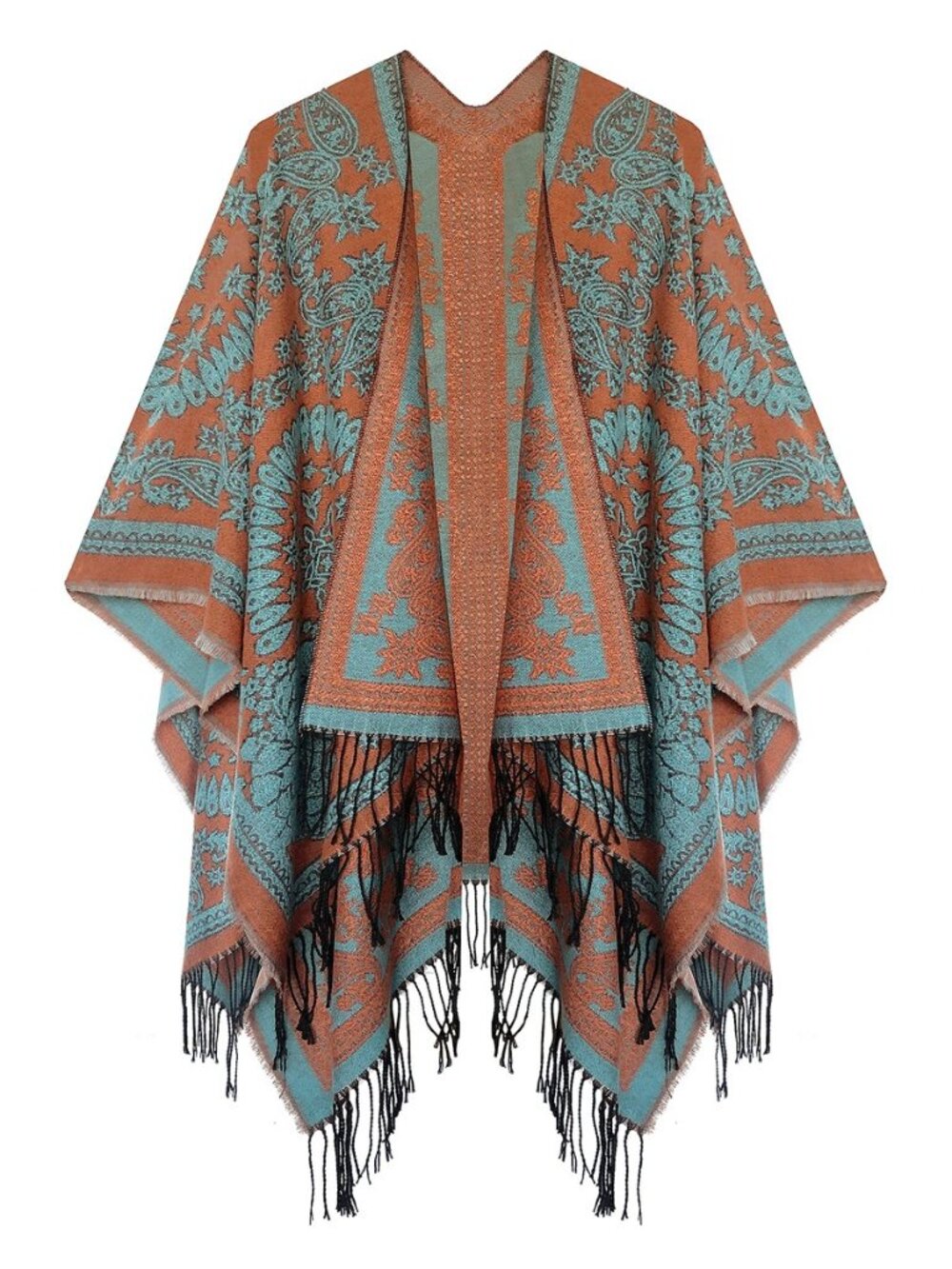 Women's Open Front Poncho Shawl Wrap Western Printed Tassel